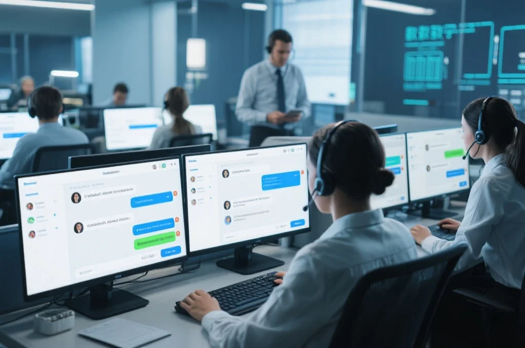 现代数字化客服中心场景，多位客服人员专注工作，屏幕上显示与用户的实时对话界面